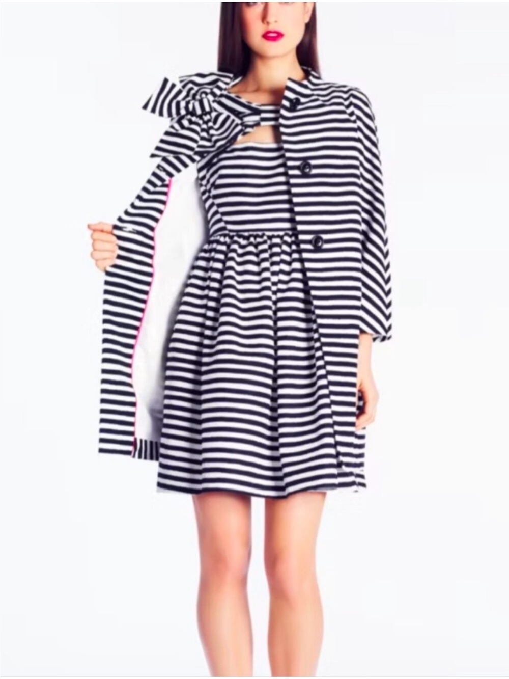 kate spade Black & White Striped Bow-Accent Fit-and-Flare Coat